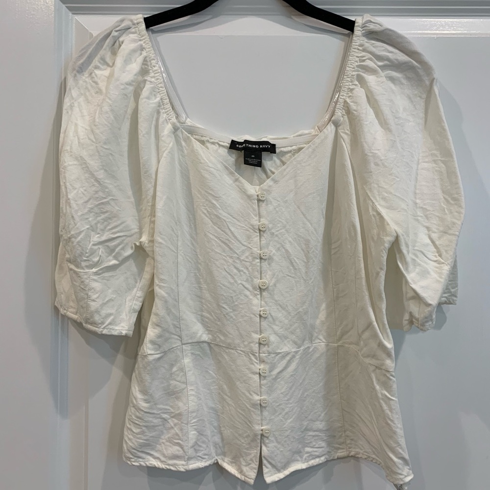 Something Navy off-white/ivory peasant puff sleeve button peplum blouse
